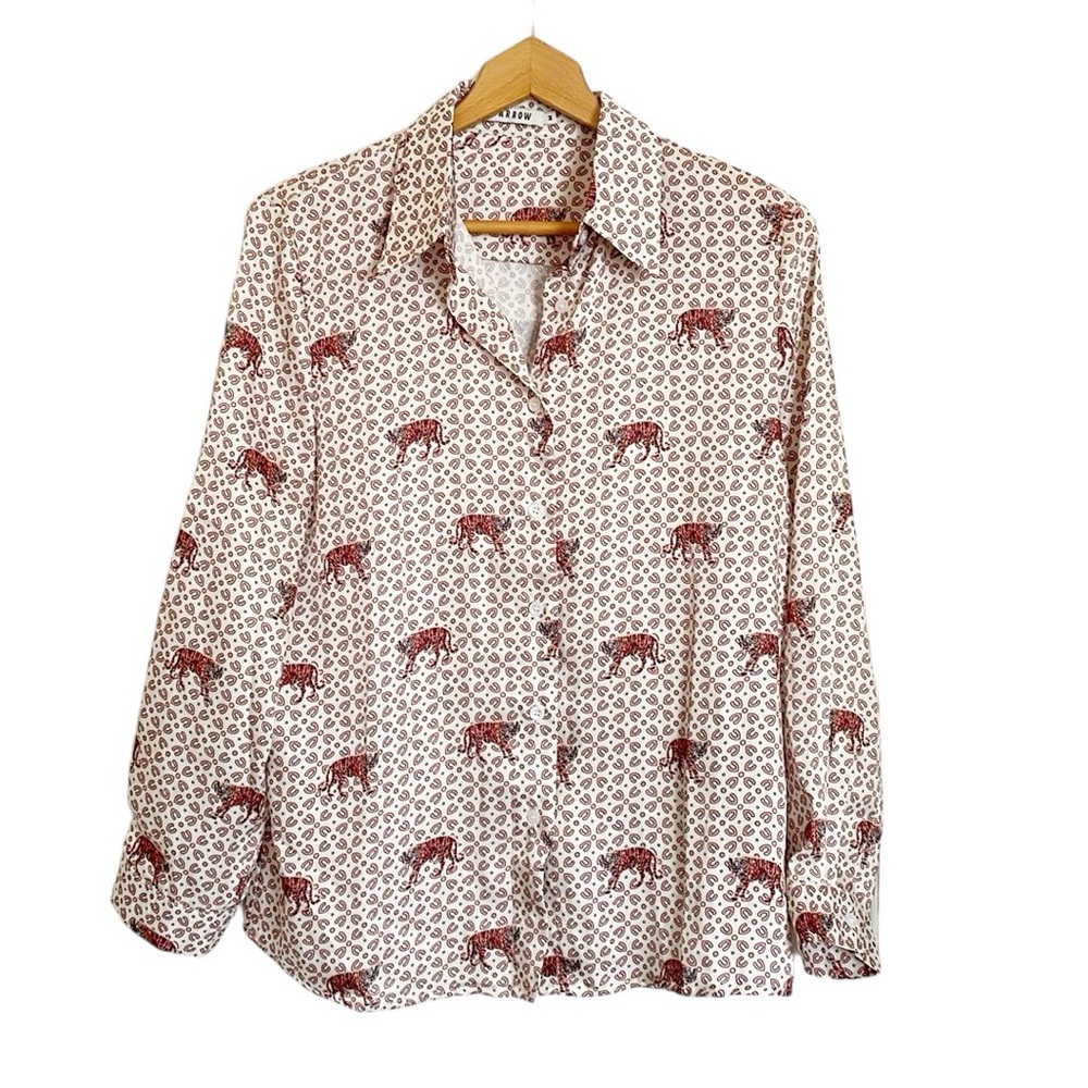 Farrow Tiger Animal Print Long Sleeve Button Front Casual Shirt Top Size M